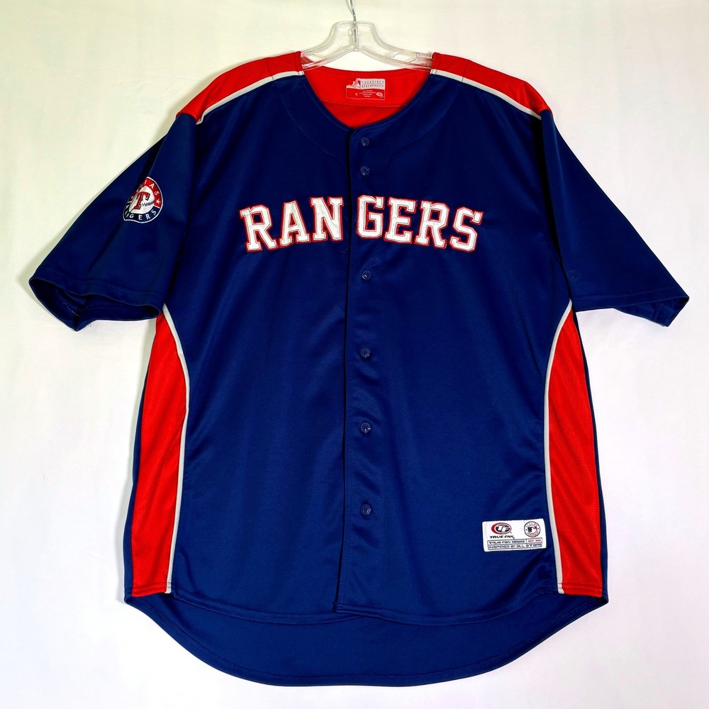 True Fan Texas Rangers MLB Baseball Jersey Blue Red Large Button Up RN 77386